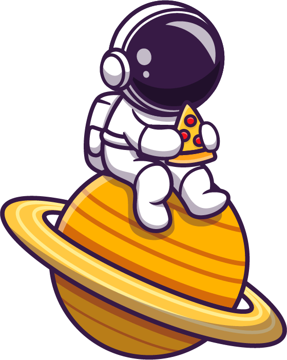 Astronaut sitting on planet and eating pizza